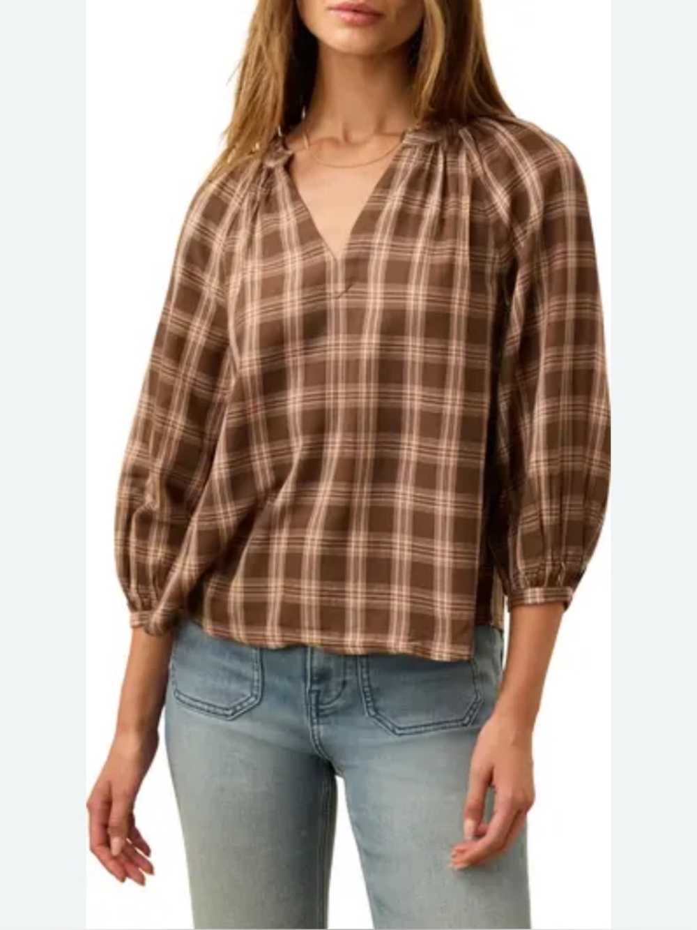 Faherty Portia Plaid Top Brown Wool Blend Peasant Blouse Womens Medium
